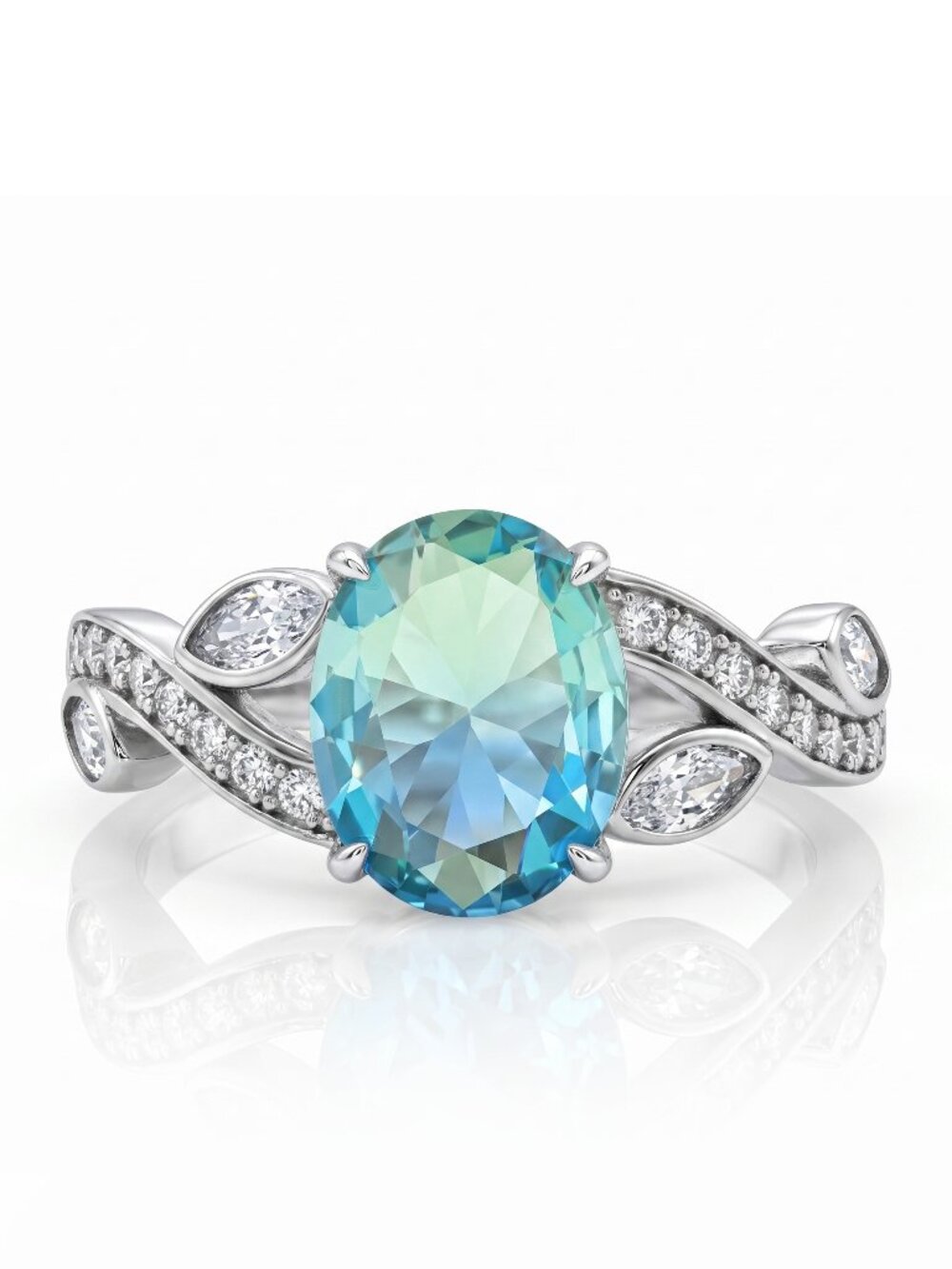 Blue & Teal Tourmaline Oval Ring, 925 Sterling Silver Charmed Aroma